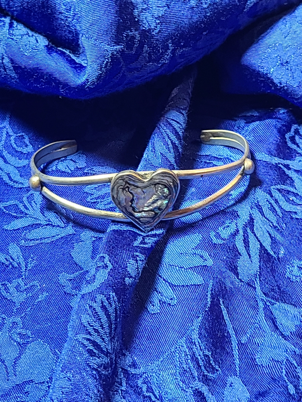 Antique Gold Heart Cuff Bracelet with Blue Abalone Inlay